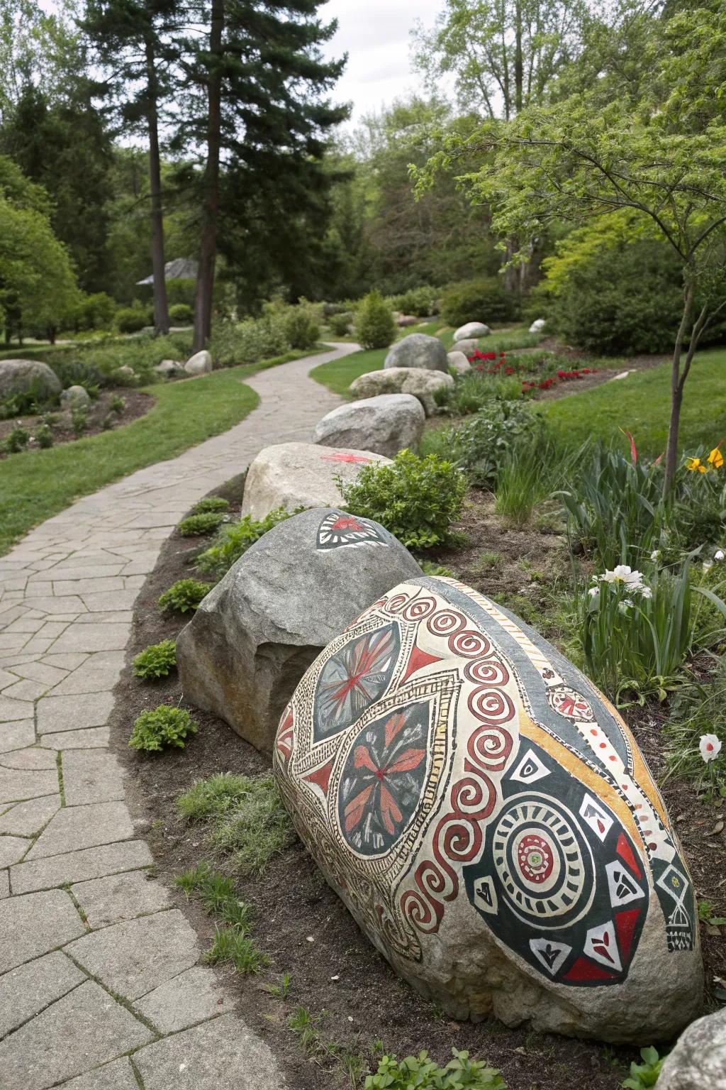 Appreciate cultural diversity with stones featuring indigenous patterns.