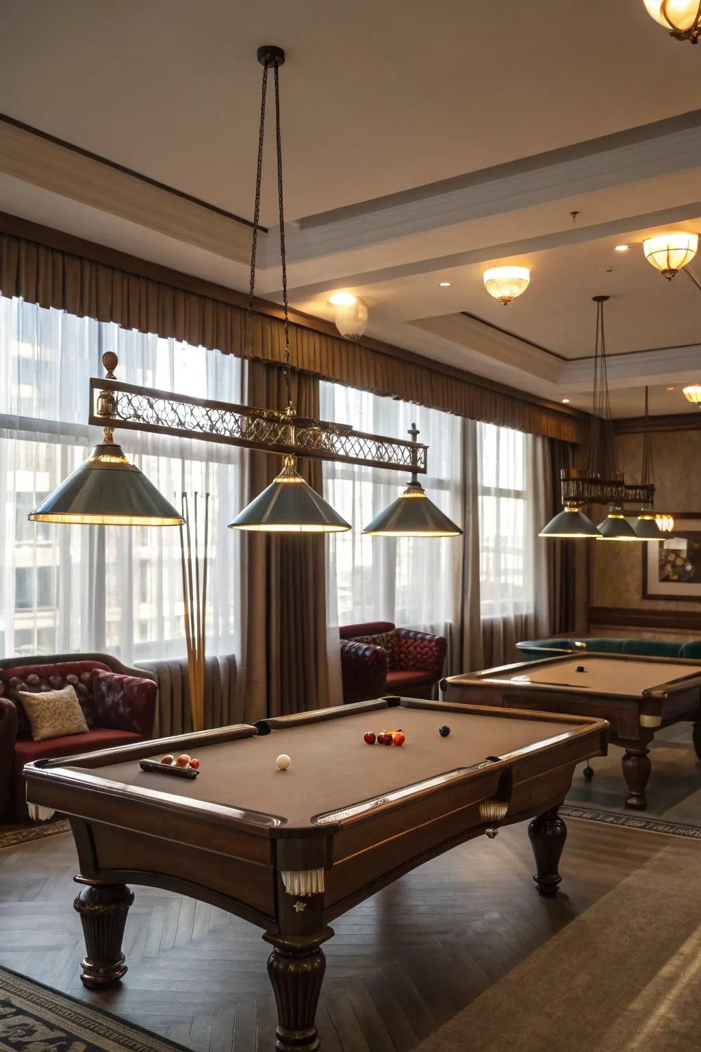 Versatile lighting solutions enrich the ambiance of a billiards room.