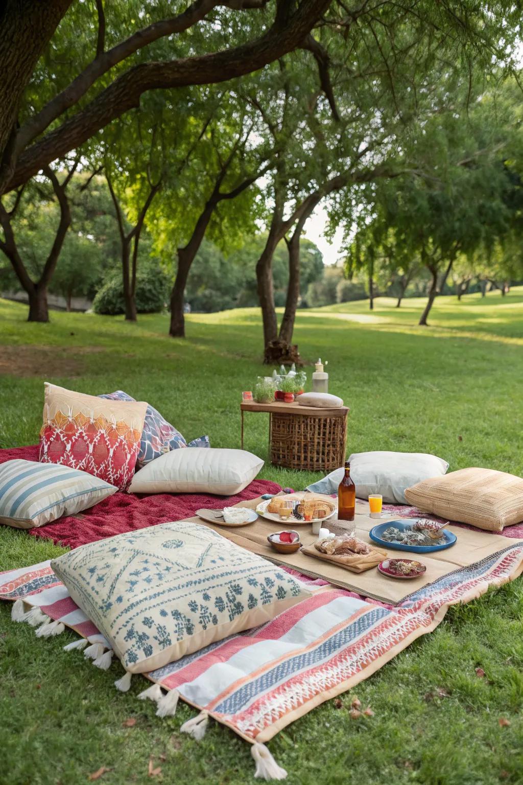 An outdoor picnic setup offering comfort and style