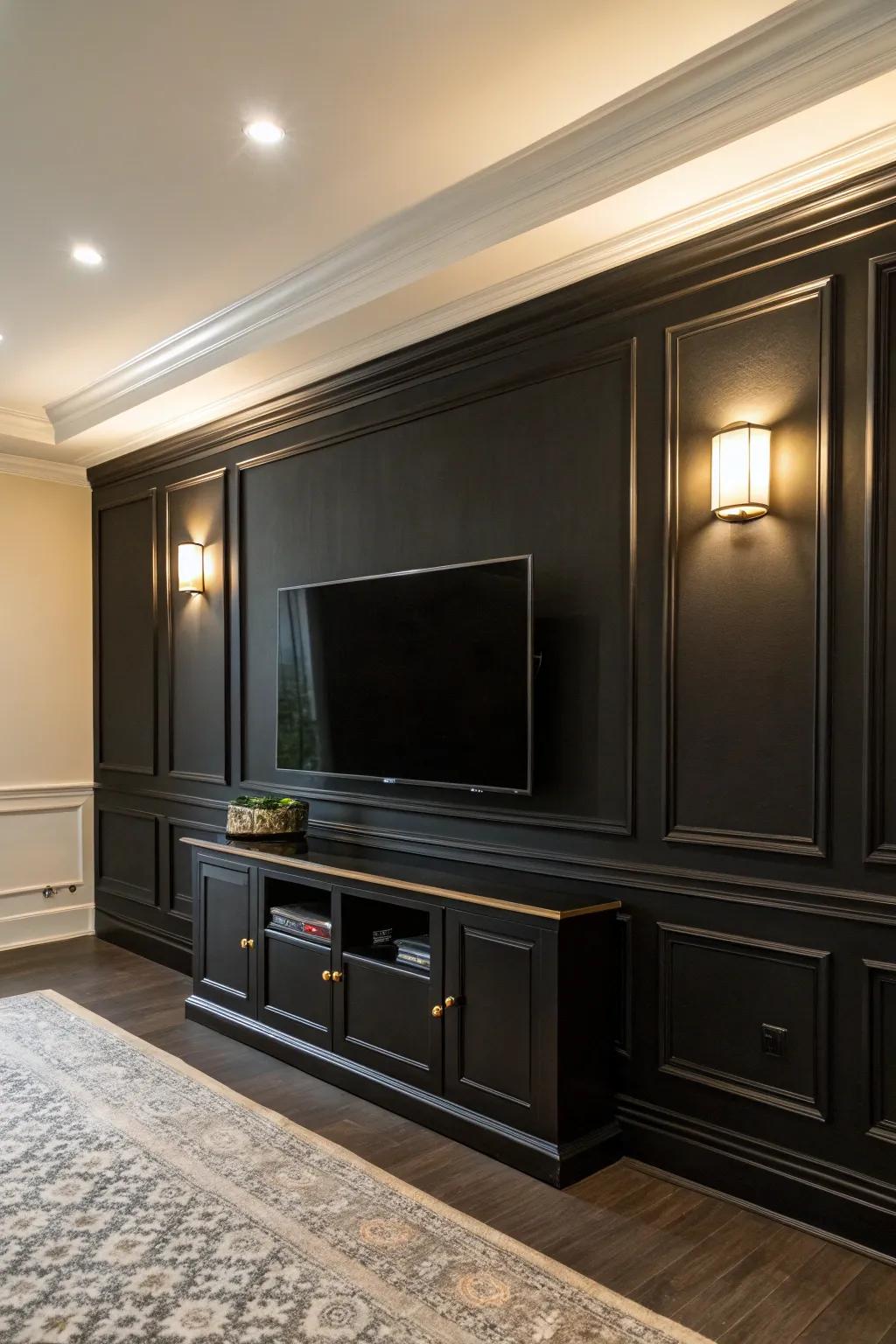 Highlighting design aspects cultivates a cohesive look with a dark accent wall.