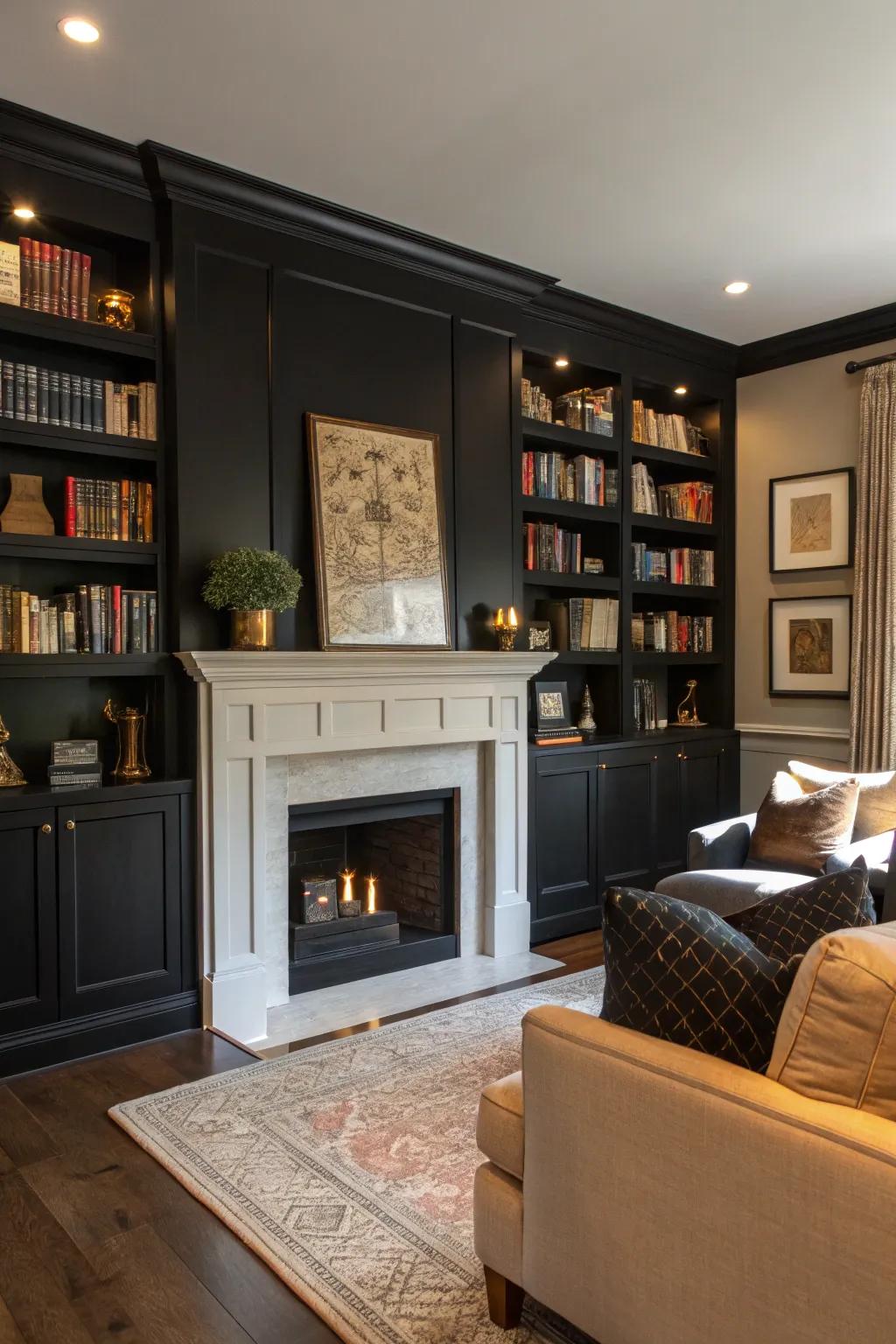 A living room where a black accent wall emphasizes architectural features like bookshelves and a fireplace.