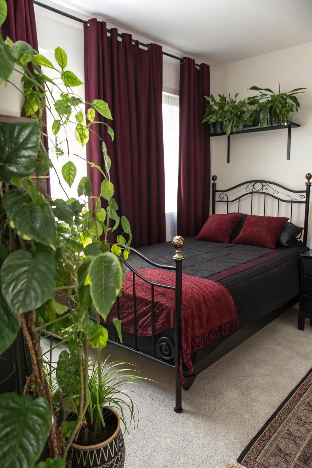 Greenery adds a refreshing, vibrant touch to your ebony and maroon bedroom.