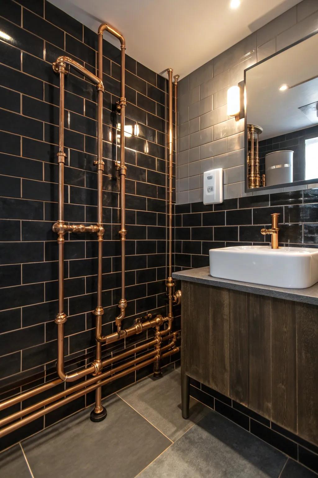 Exposed copper piping adds an industrial edge to the bathroom.