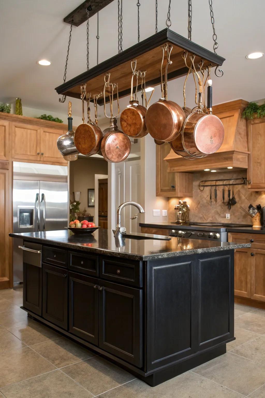 Hanging copper cookware racks enhance both rustic charm and practicality.