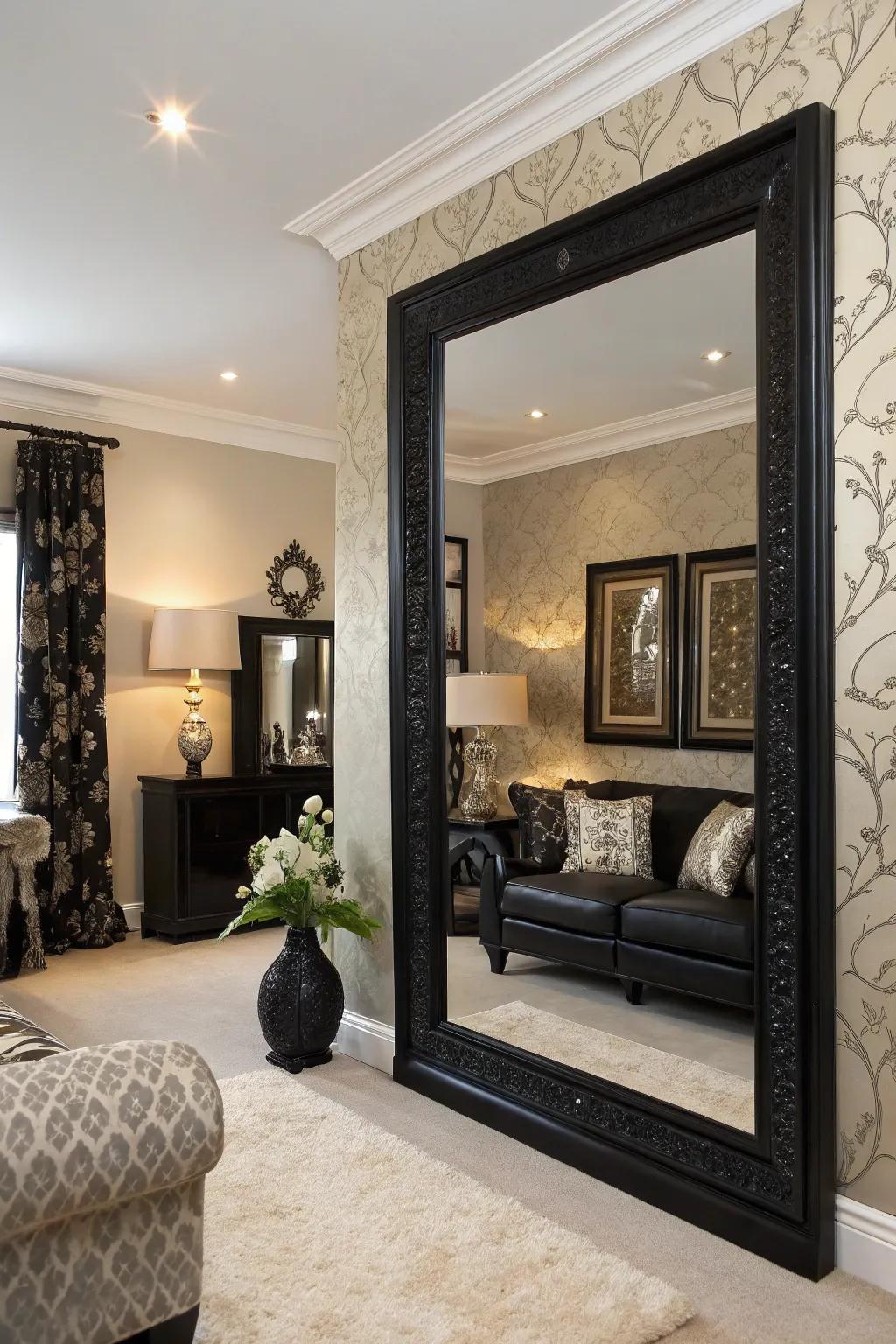 Looking glasses reflect illumination and enlarge the space in an ebony and ivory living space.