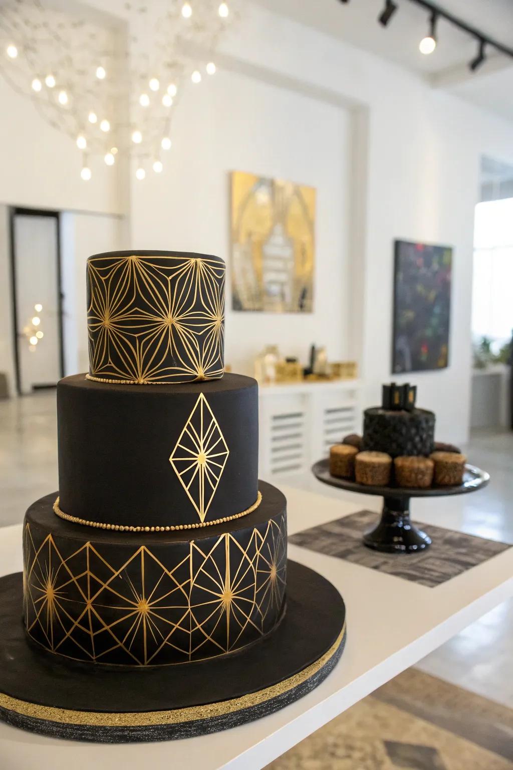 Geometric gold accents bring a modern edge to this wedding cake.
