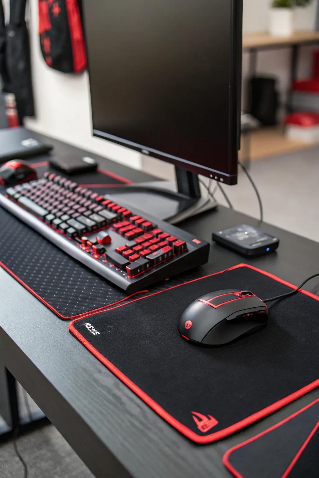 A black gaming desk with red details acts as the visual anchor of the setup.
