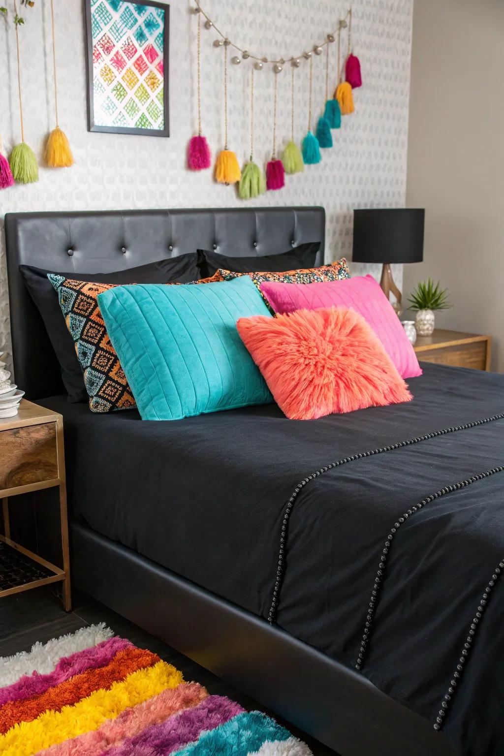 Livening up black bedding with color pops.