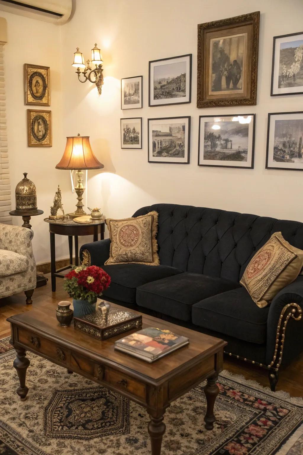 Vintage vibes with a modern dark-toned sofa.
