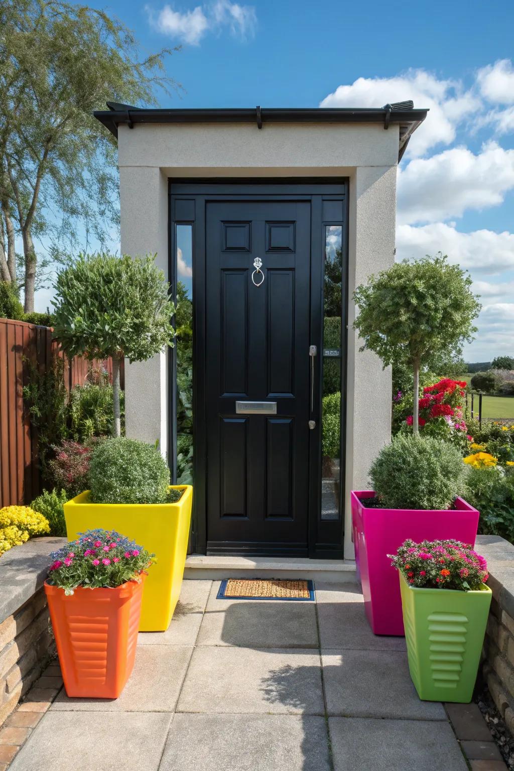Bright pots enliven a sophisticated dark-toned entrance.