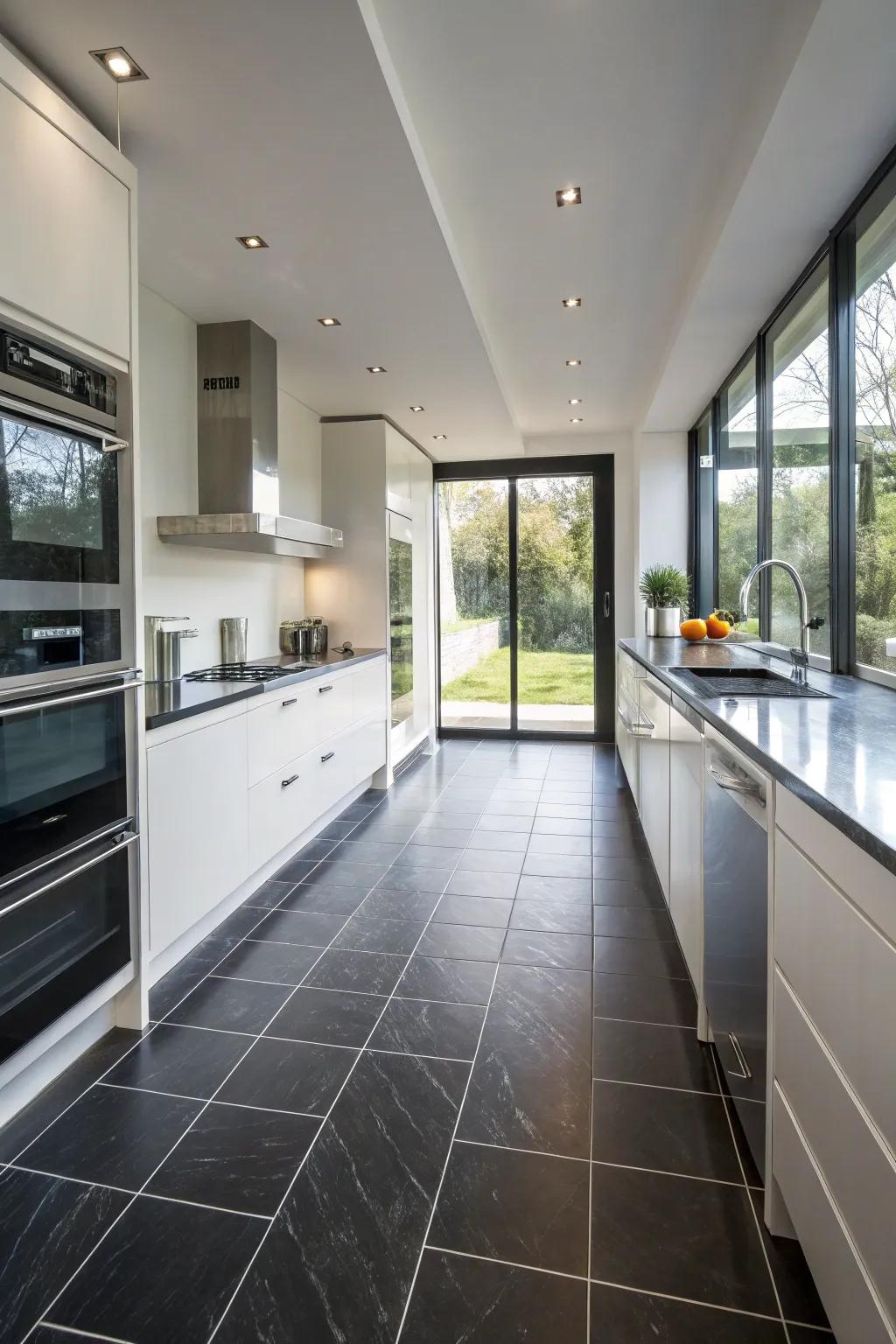 A kitchen showcasing the practicality and beauty of ink porcelain floor tiles.