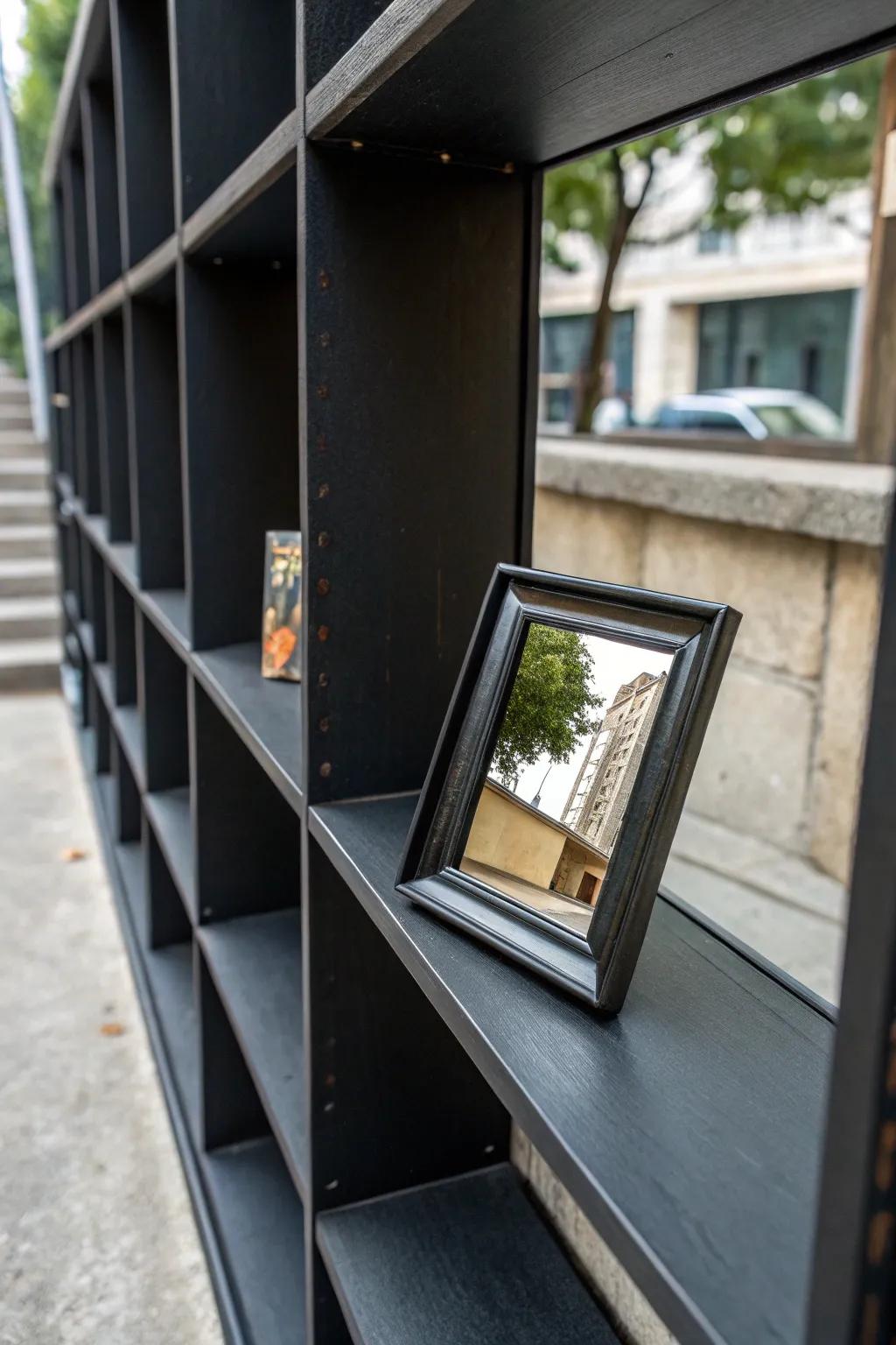 A mirror adding scale and dimension to a dark shelving layout.