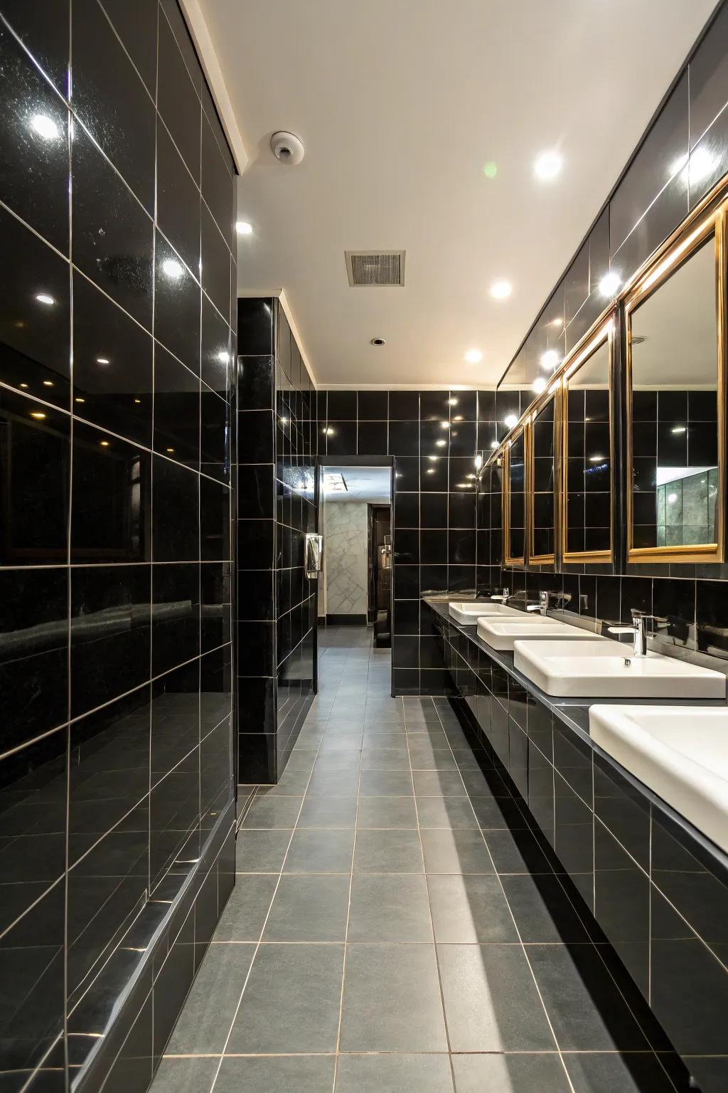Glossy black tiles enhance light reflection, adding depth to the space.