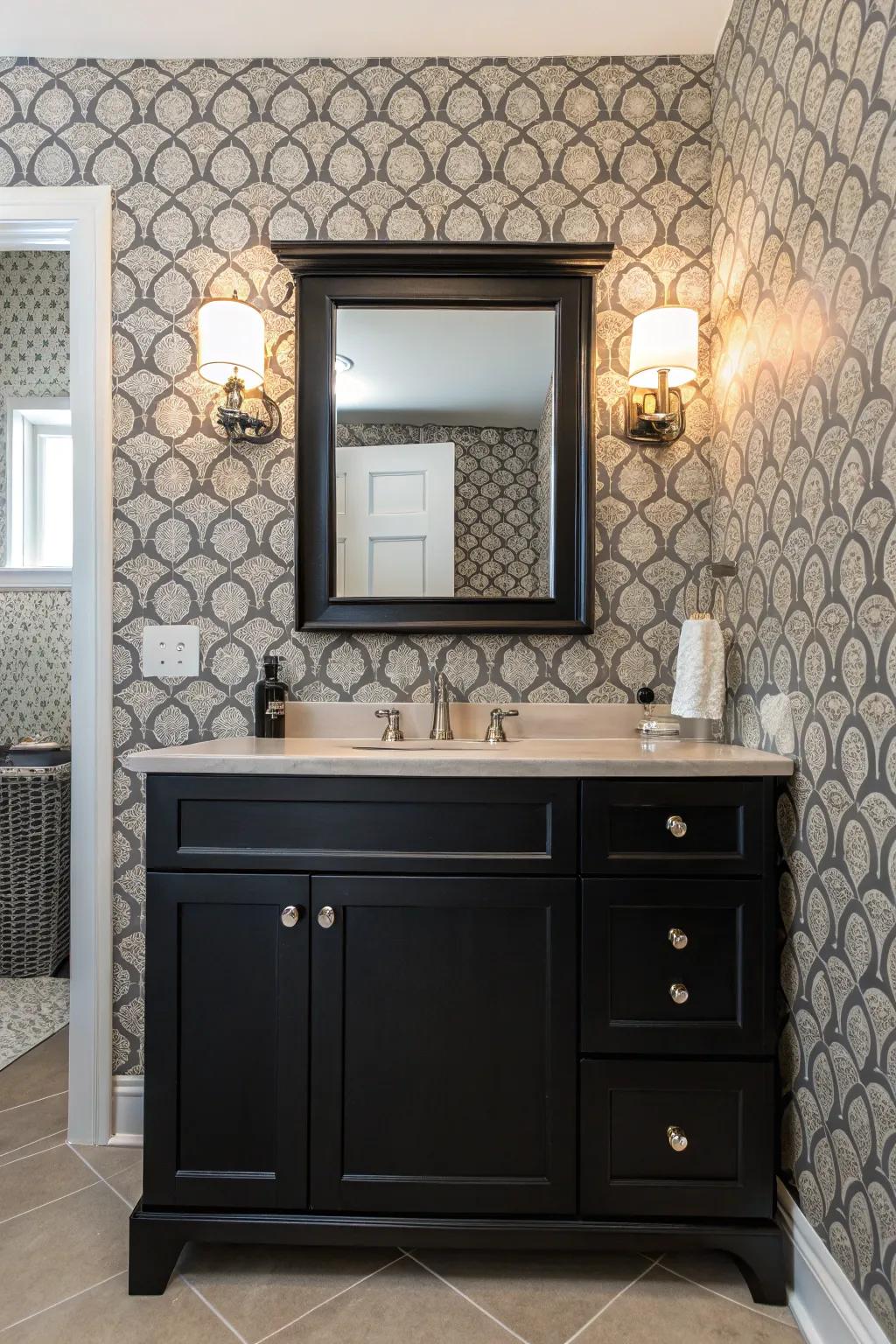 Wallpaper with patterns brings a playful and personalized touch to a dark sink cabinet bathroom.