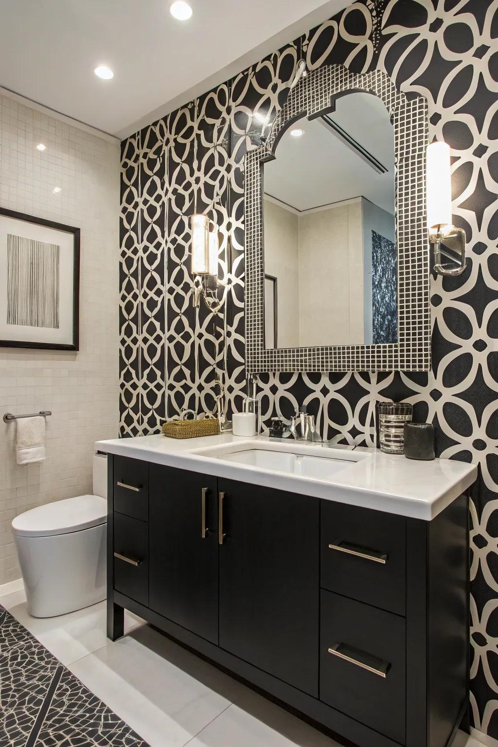 Patterned wall coverings introduce a retro charm to this bathroom.