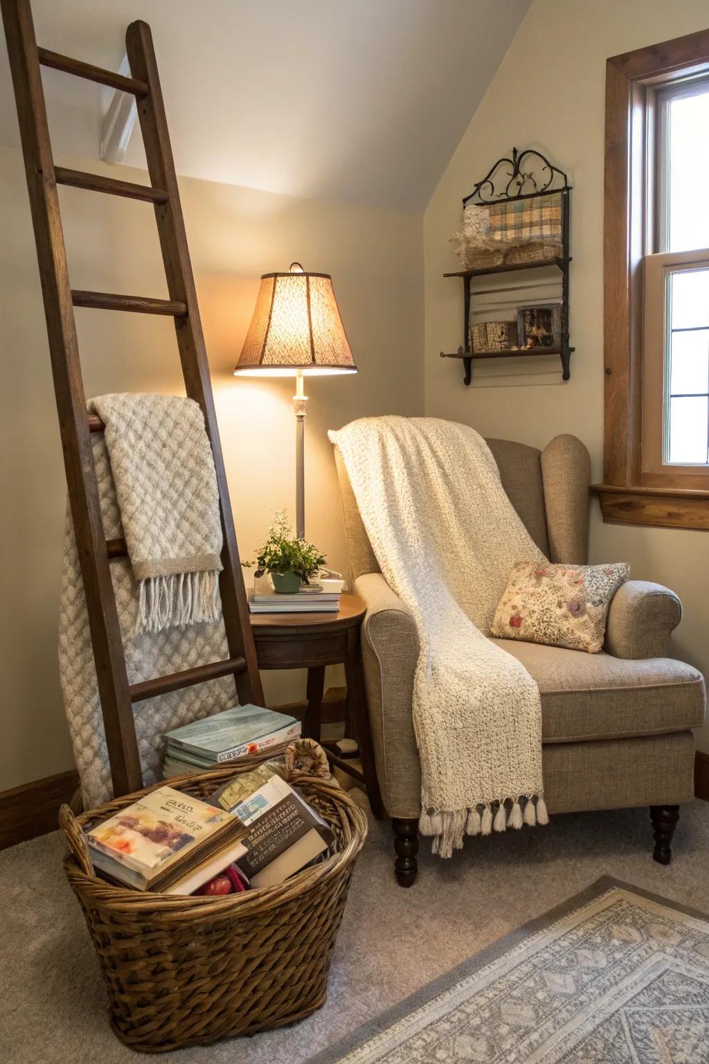 A blanket ladder enhances a cozy reading corner.