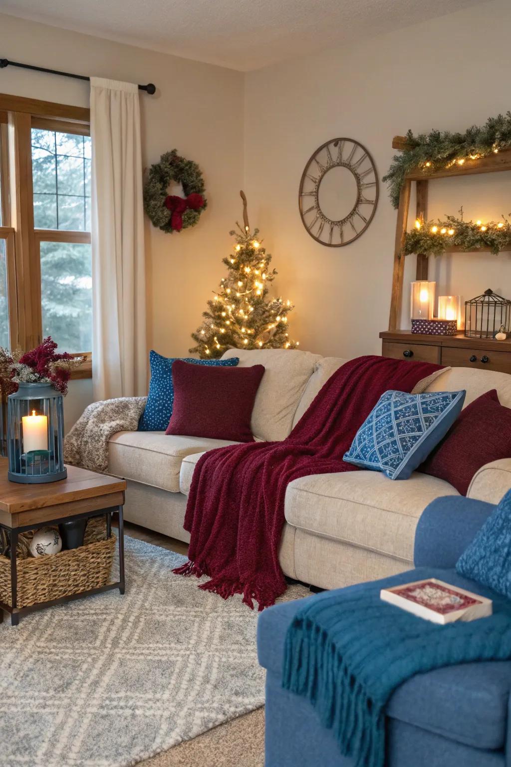 Seasonal accents in azure and crimson keep your decor adaptable.