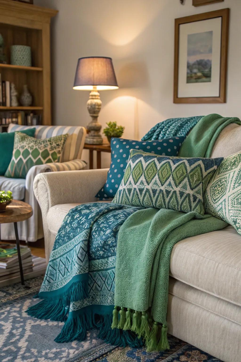 Fabrics in mixed designs infuse depth and intrigue.