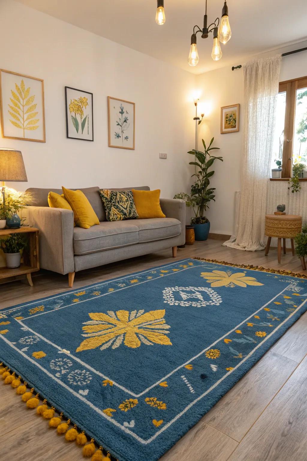 A statement rug in blue with yellow accents anchoring the living room.