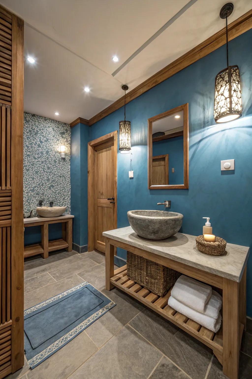 A spa-inspired bathroom featuring serene blue tones and natural elements.