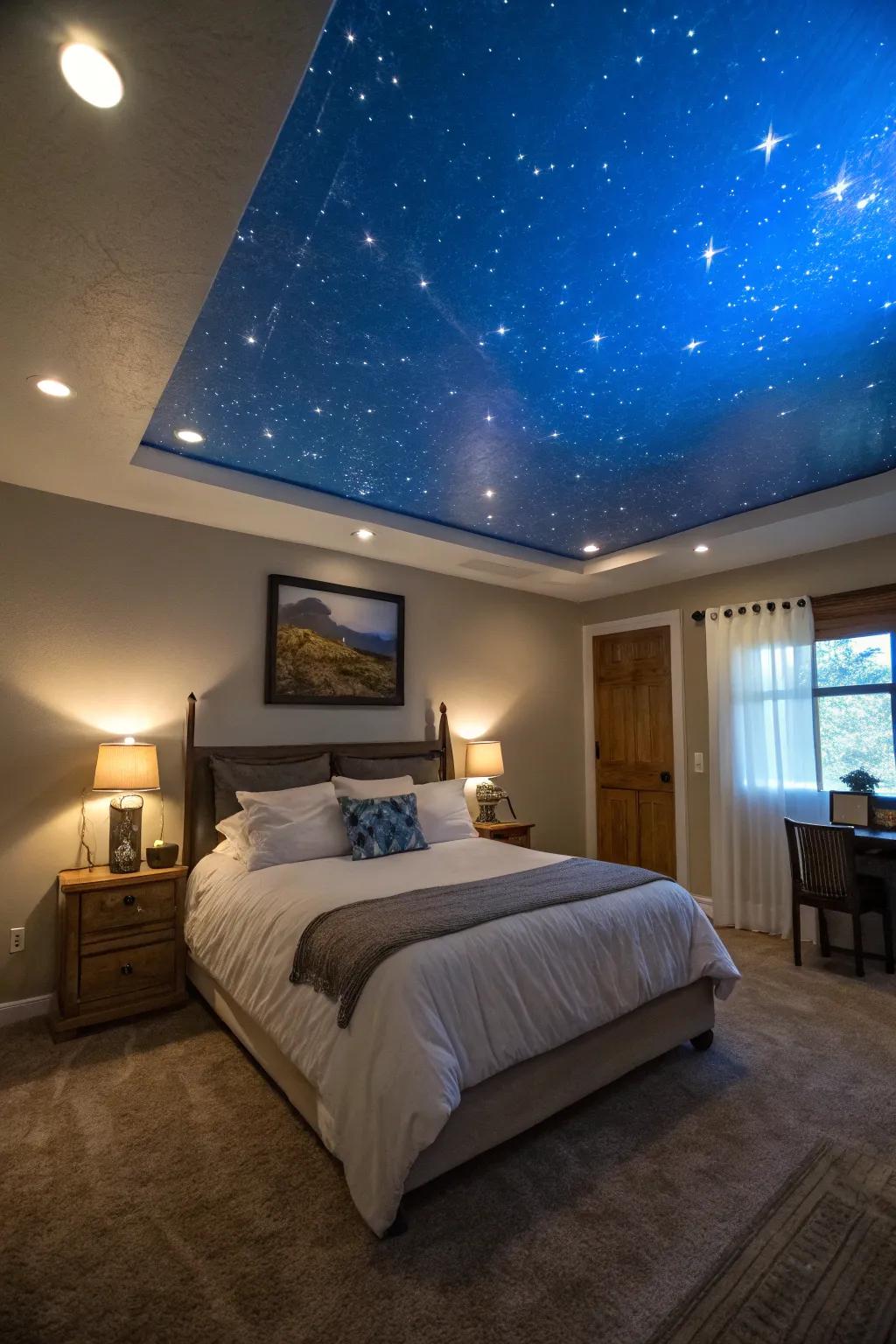 An azure ceiling introduces an unexpected element.