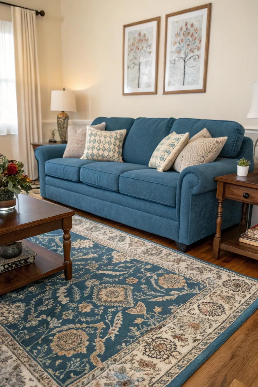 A matching floor covering adds warmth and cohesion to a blue sofa arrangement.