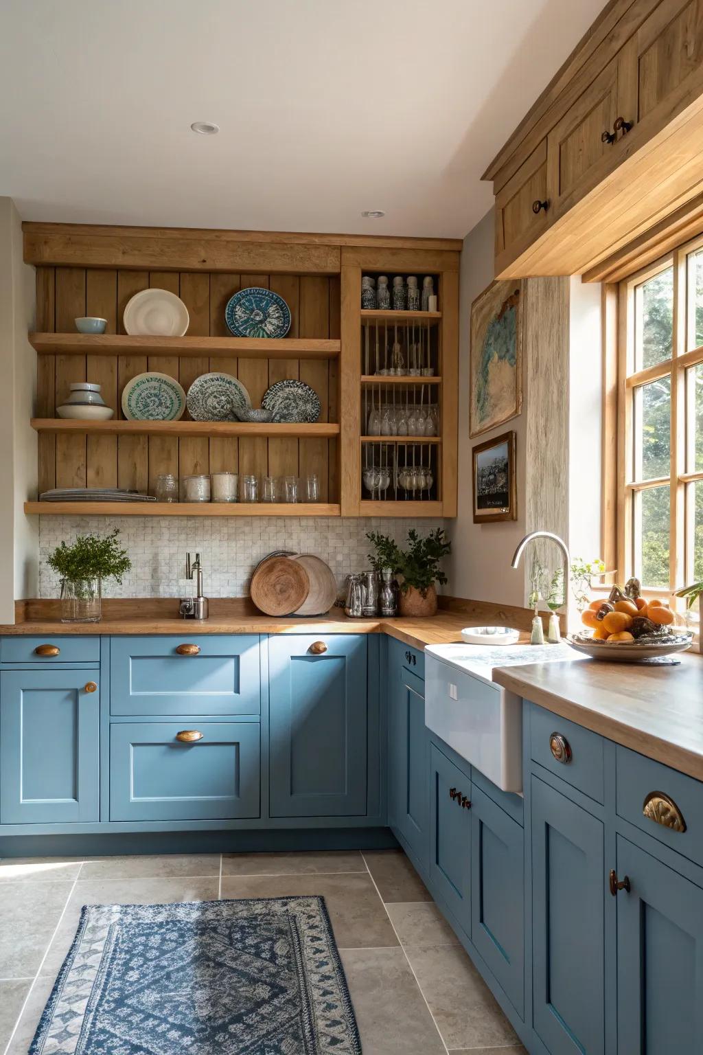 Blue cabinets matched with open shelving provide both style and practical display space.