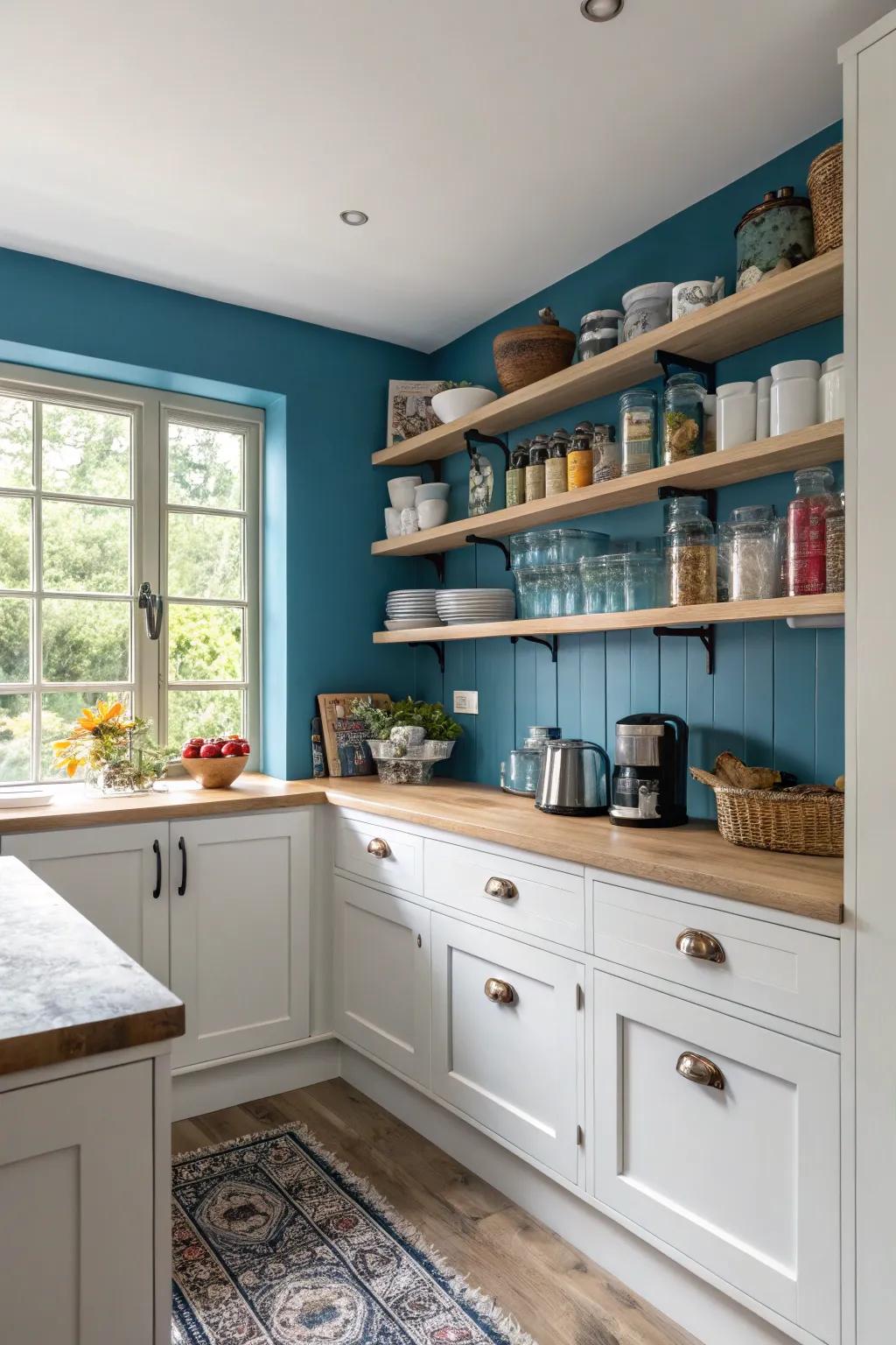 An azure highlight wall evolves into a focal point in this kitchen.