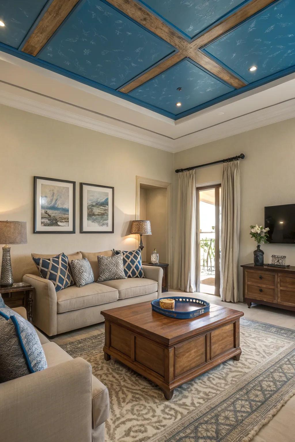 A blue overhead adds an element of surprise and elegance to this contemporary living room.