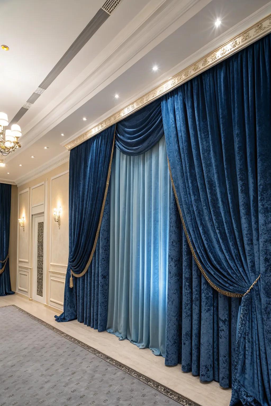 Velvet azure window covers incorporate elegance and dimension to your decor.