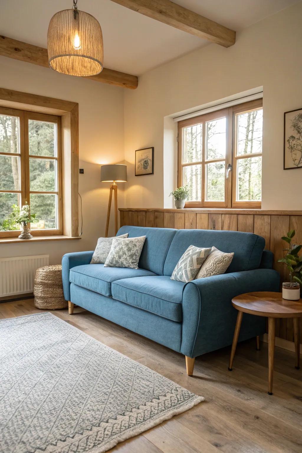 Light wood accents complement a cerulean couch beautifully.