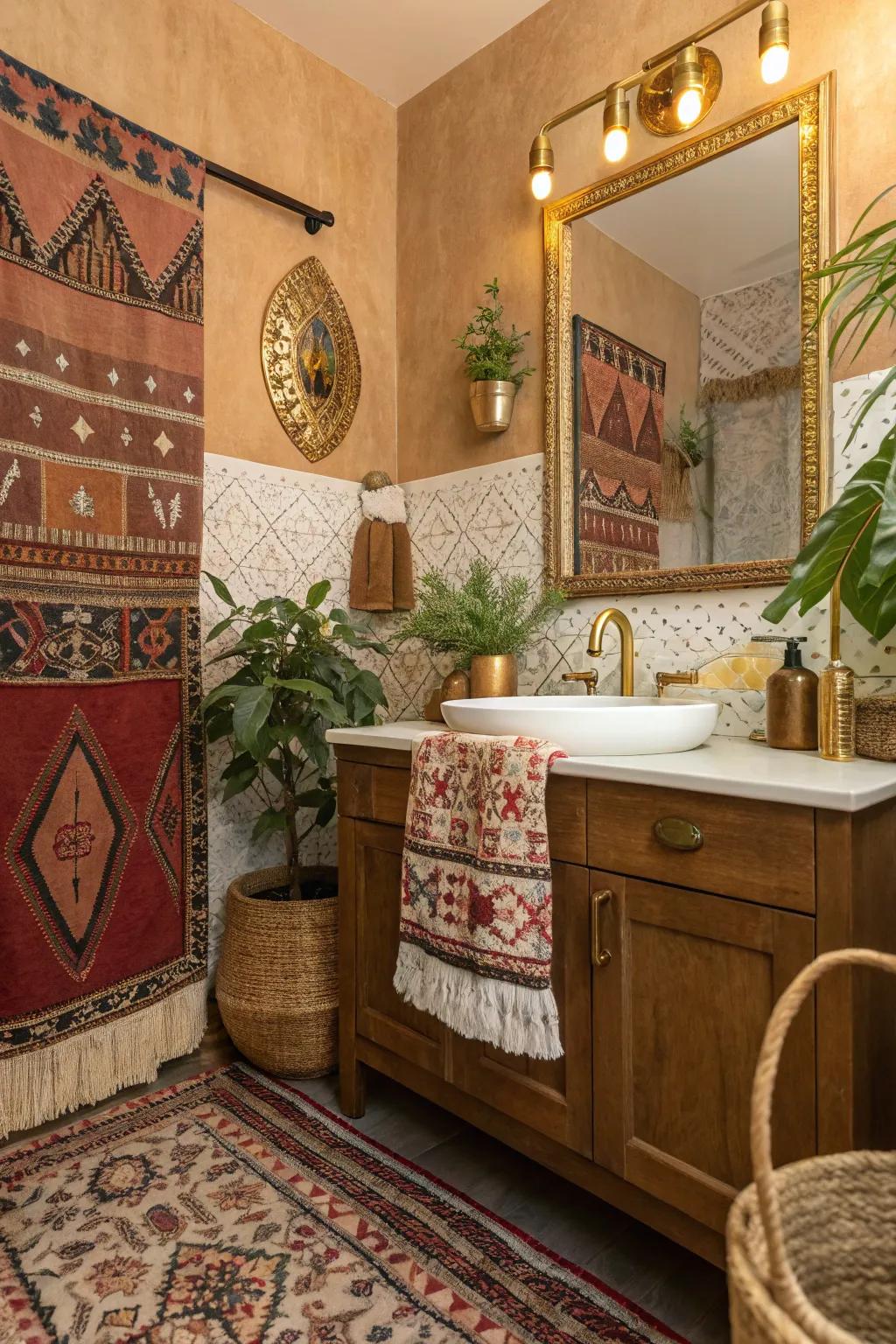 A boho bathroom with elegant brass fixtures.