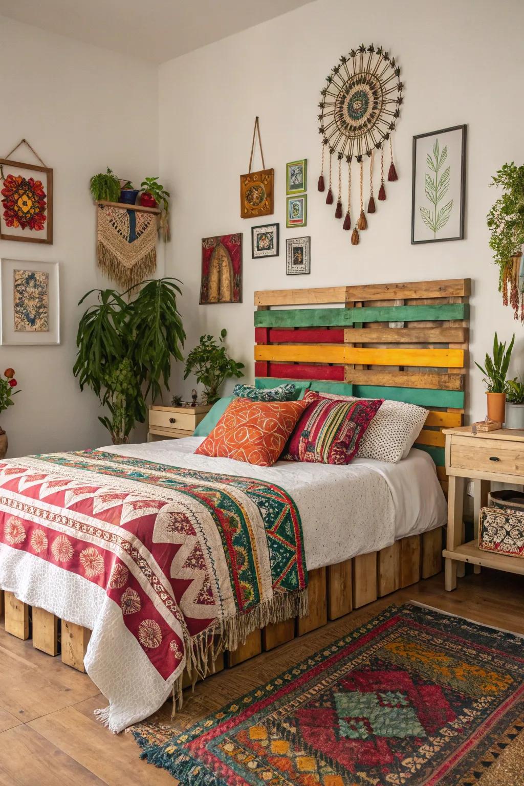 A painted pallet becomes a bold and expressive headboard, radiating artistic flair.