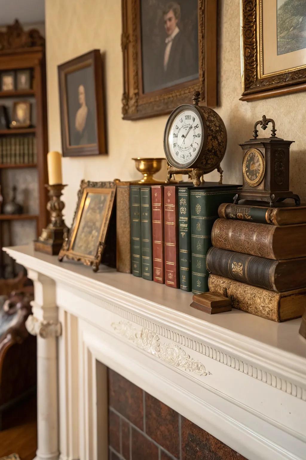 Old volumes bring charm and history to the mantel.