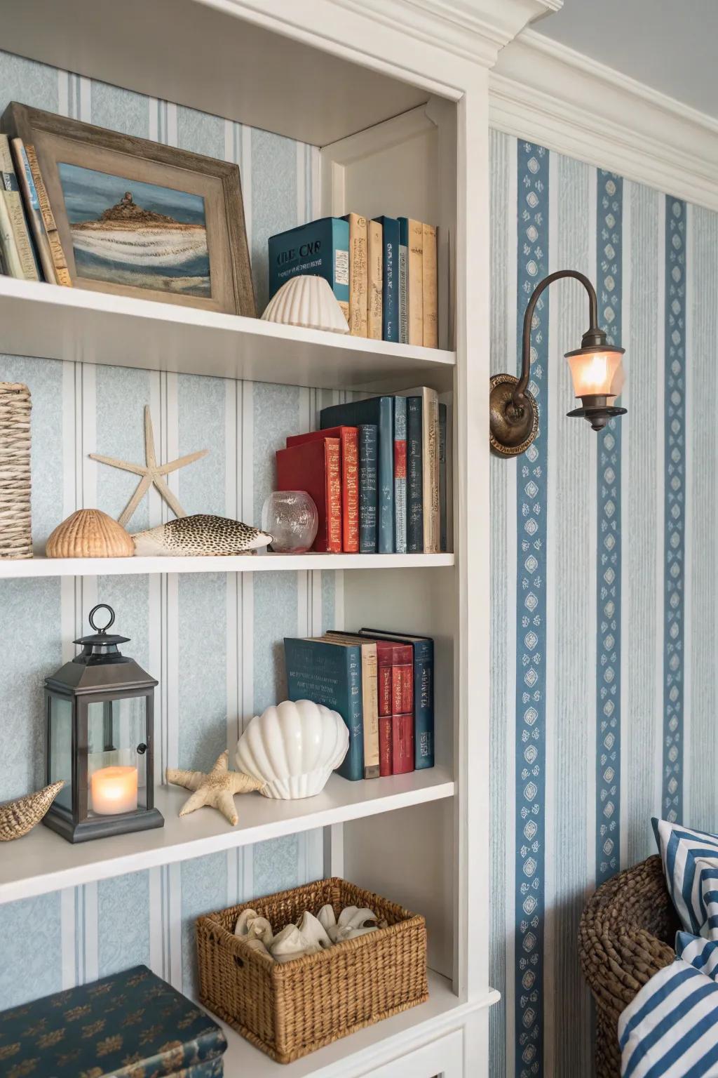 Bookshelf with nautical stripe wallpaper for a coastal, fresh feel.