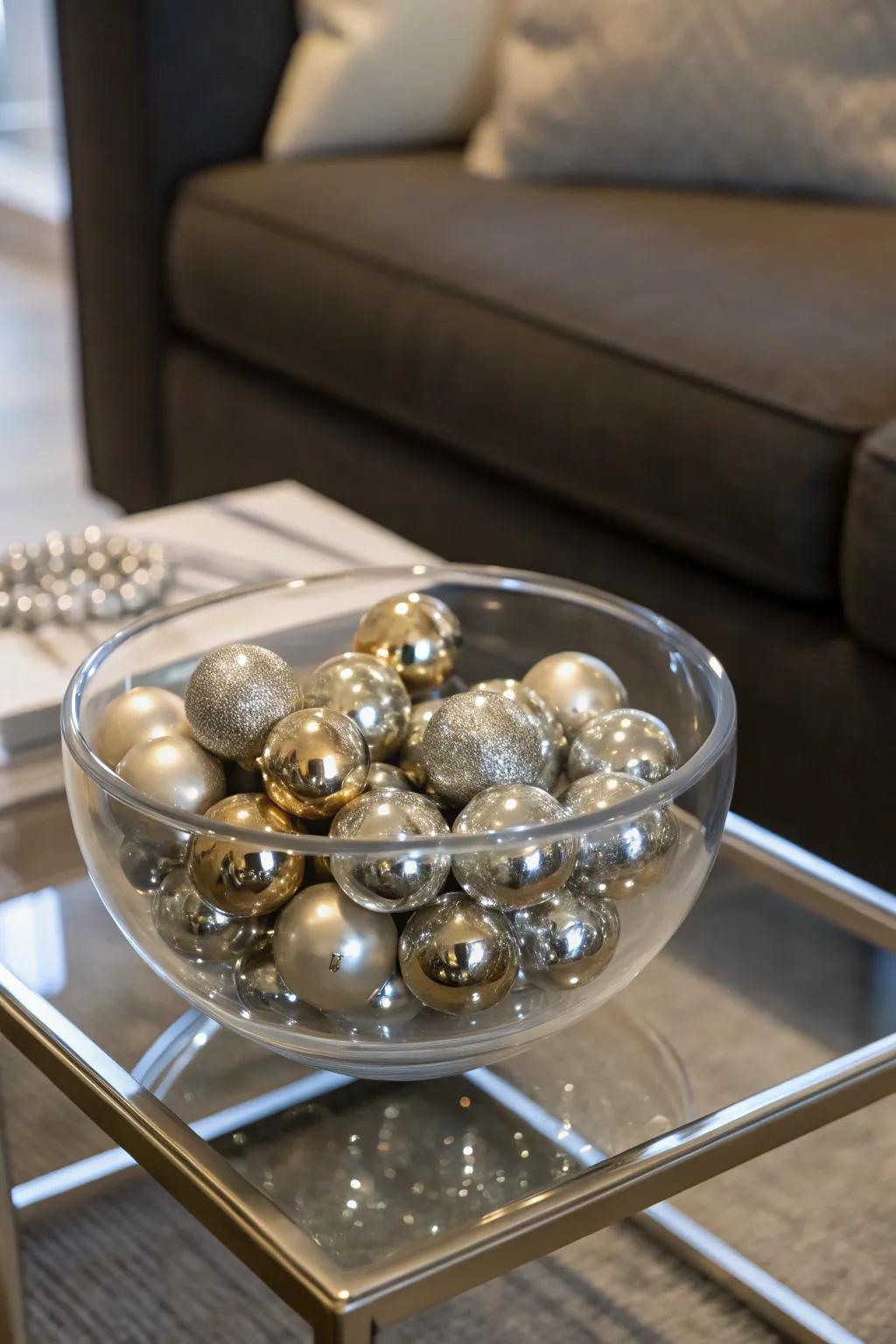A modern glass bowl showcasing glossy spheres for a touch of glitz