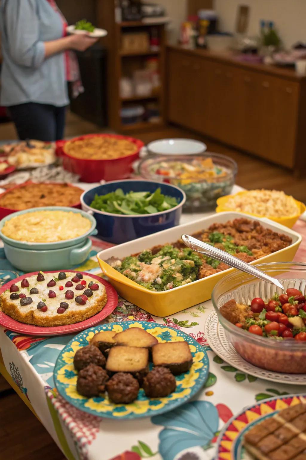 A potluck dinner table full of a variety of homemade dishes.