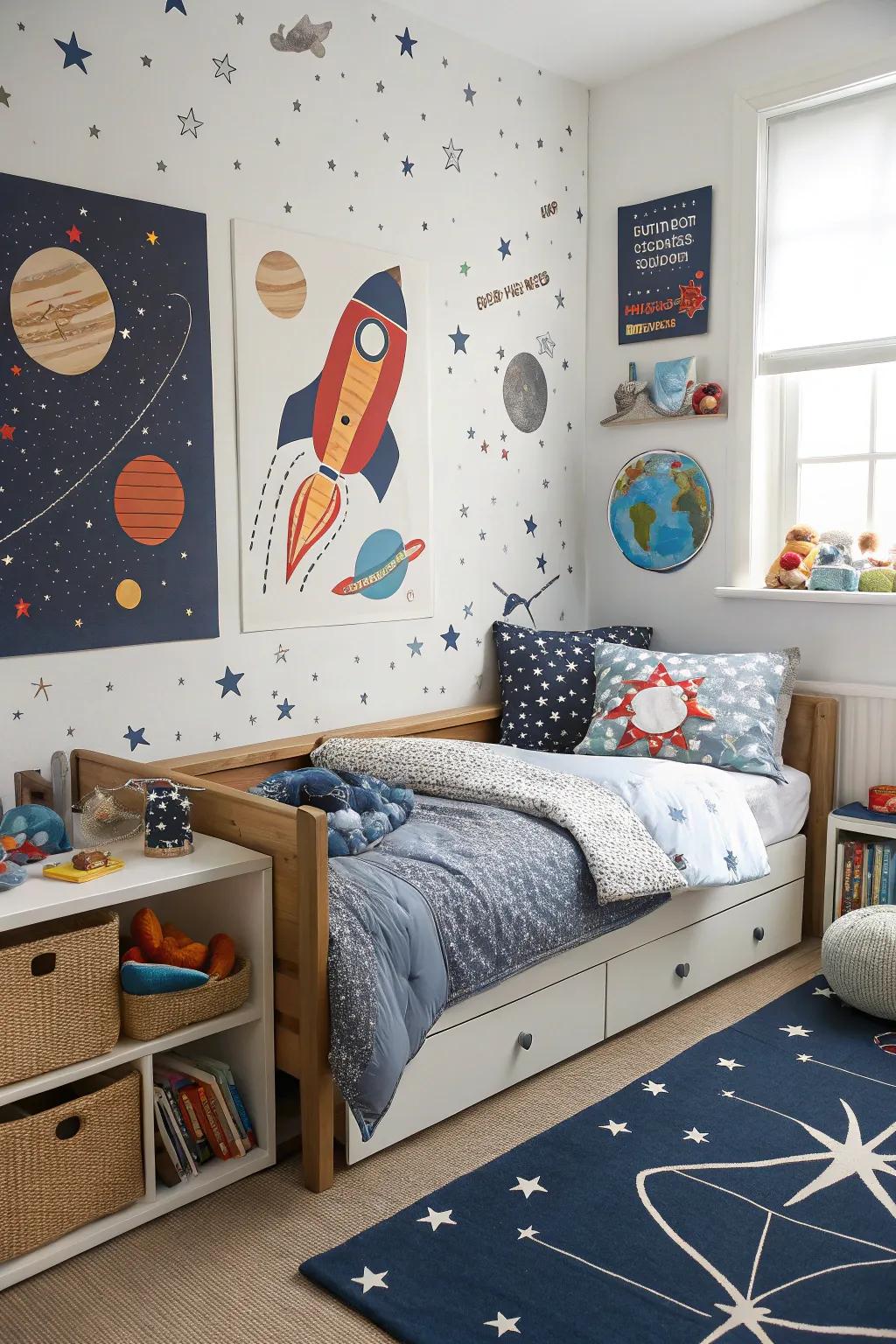 Inspire cosmic dreams with a space explorer's daybed setup.