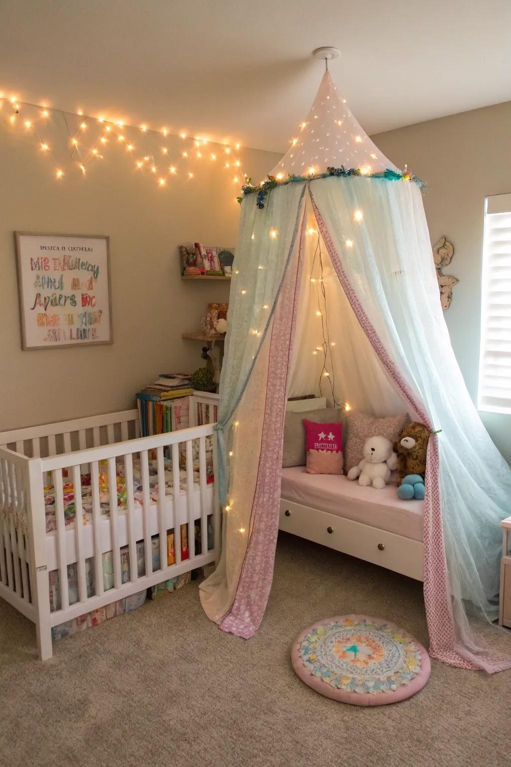 A canopy adds a magical and cozy feel to the shared room.