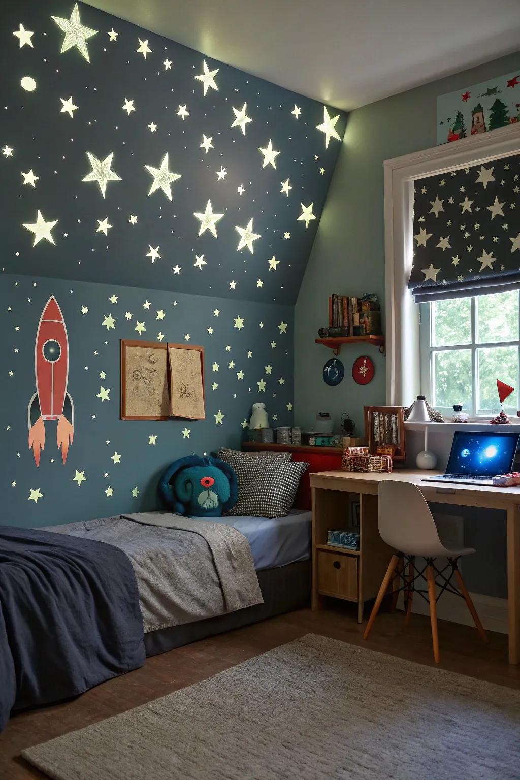 Theme walls add magic to a boy's room.