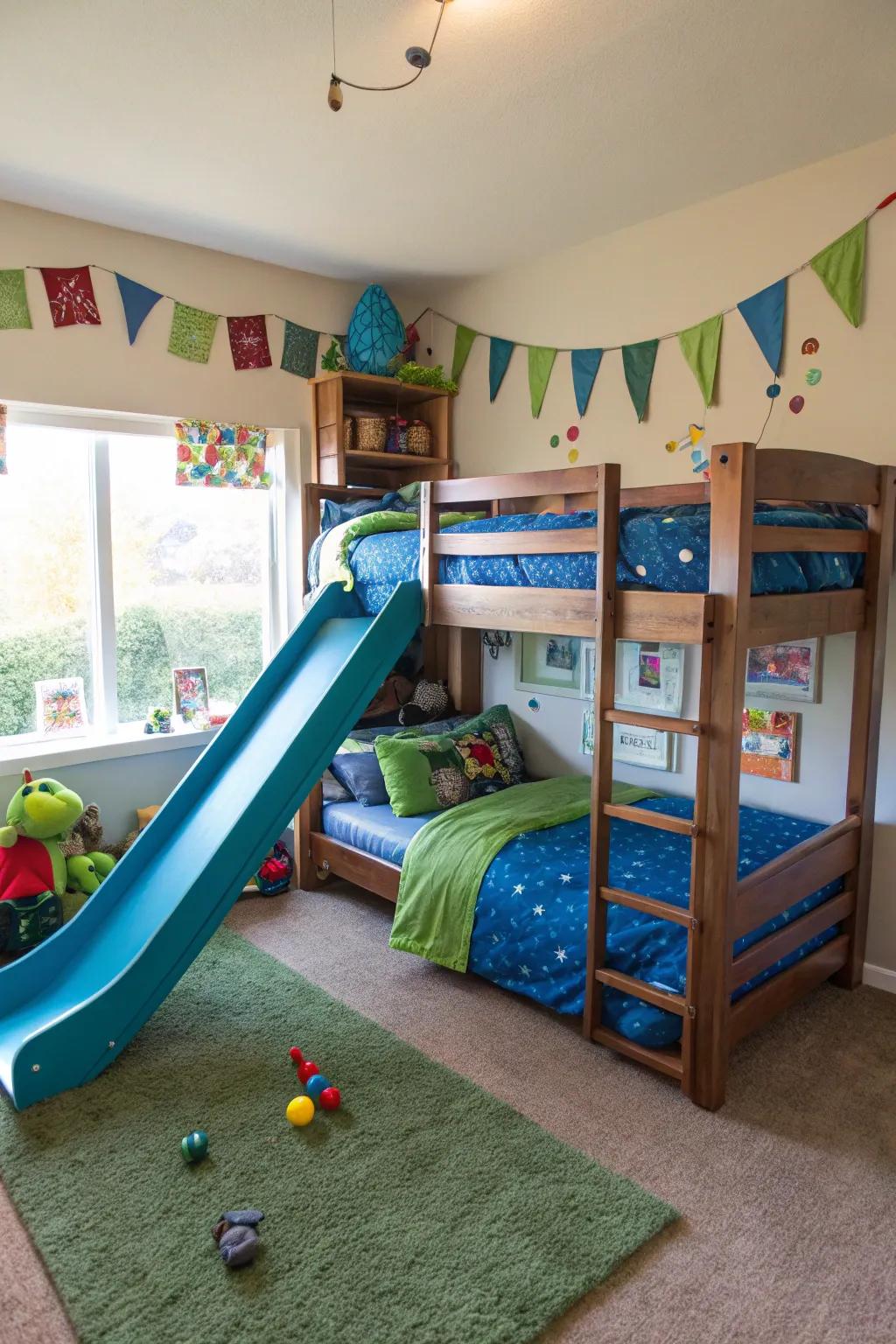 A slide adds a fun twist to traditional bunk beds.