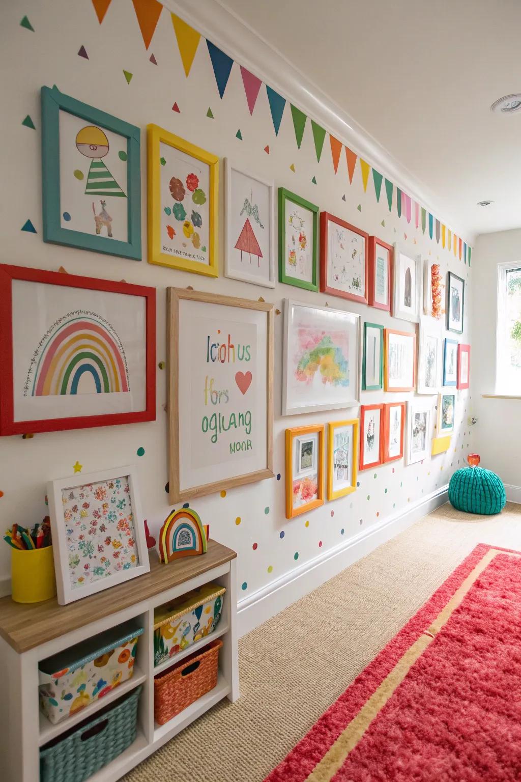 A gallery facade exhibiting children's artistry to encourage pride and creativity.
