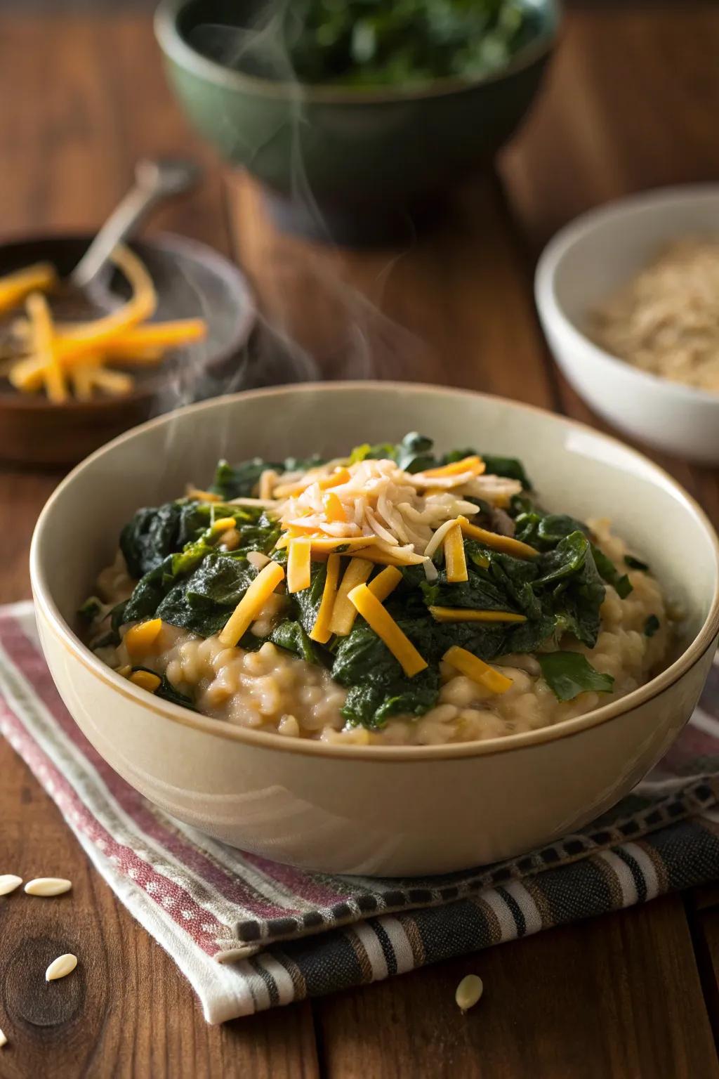 Savory oatmeal with a vegetable twist for a hearty breakfast.