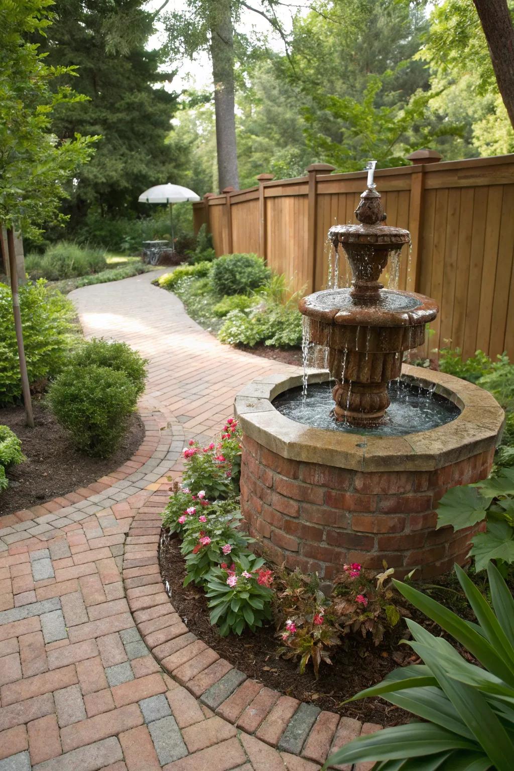 Water elements integrated with stone block designs fashion a tranquil atmosphere.