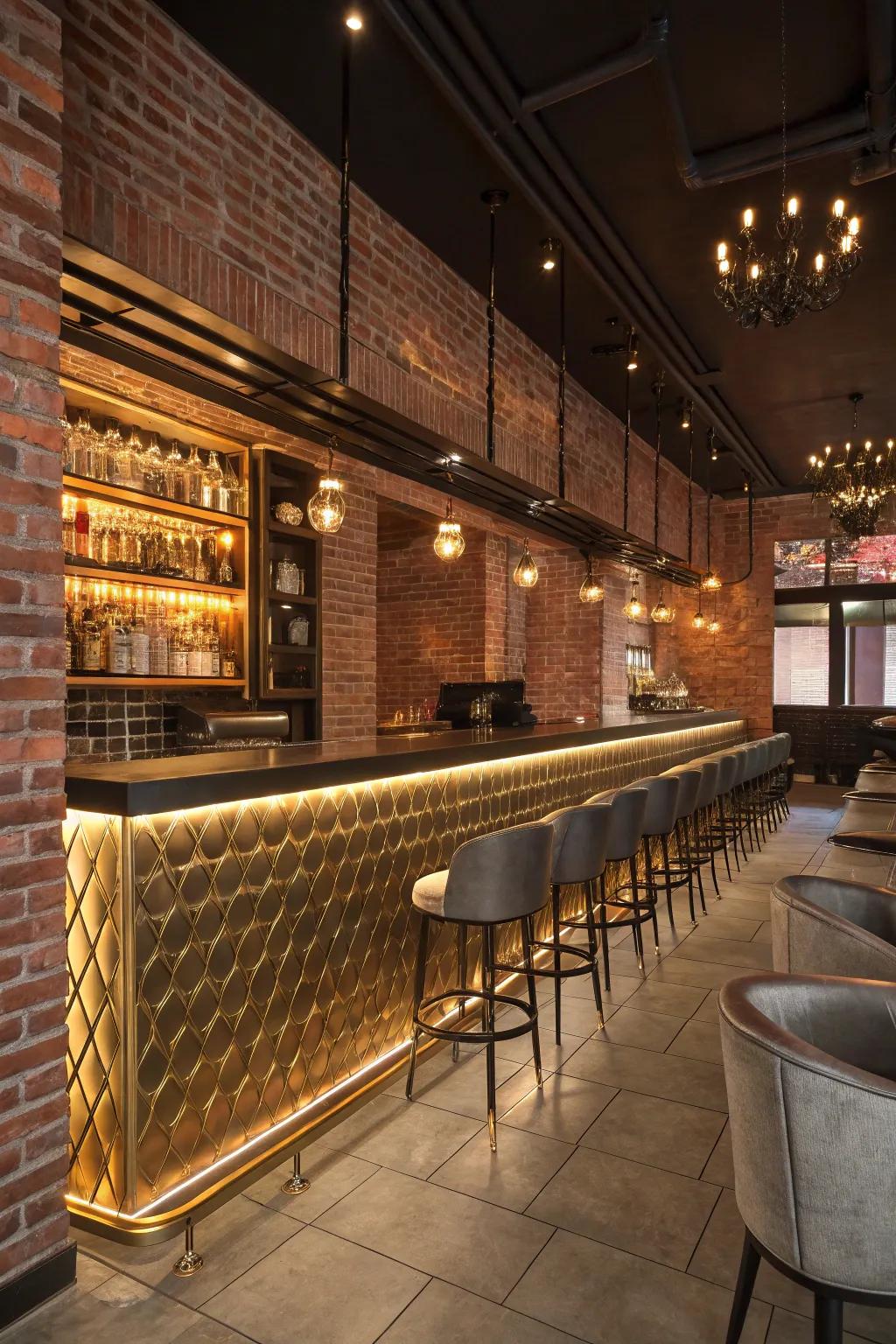 Metallic features contribute to a hint of glamour in a brick wall bar.