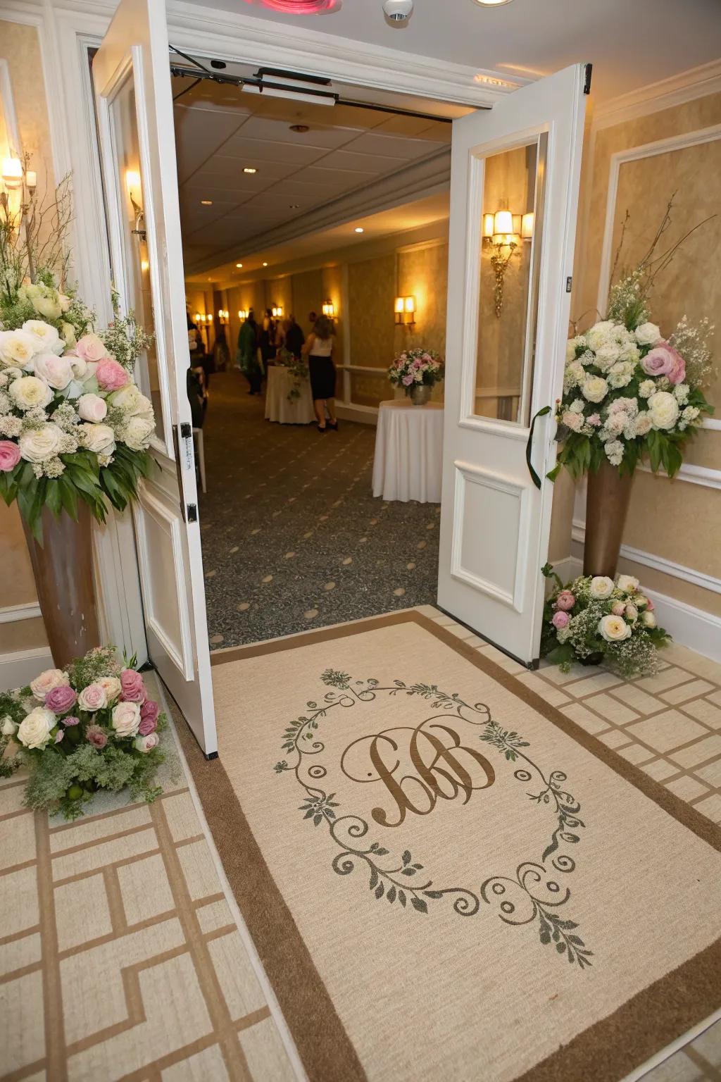 A personalized monogrammed rug invites visitors into the shower with elegance and design.