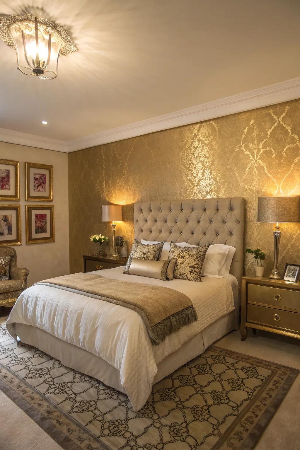 A gilded feature wall adds glamour and sophistication.