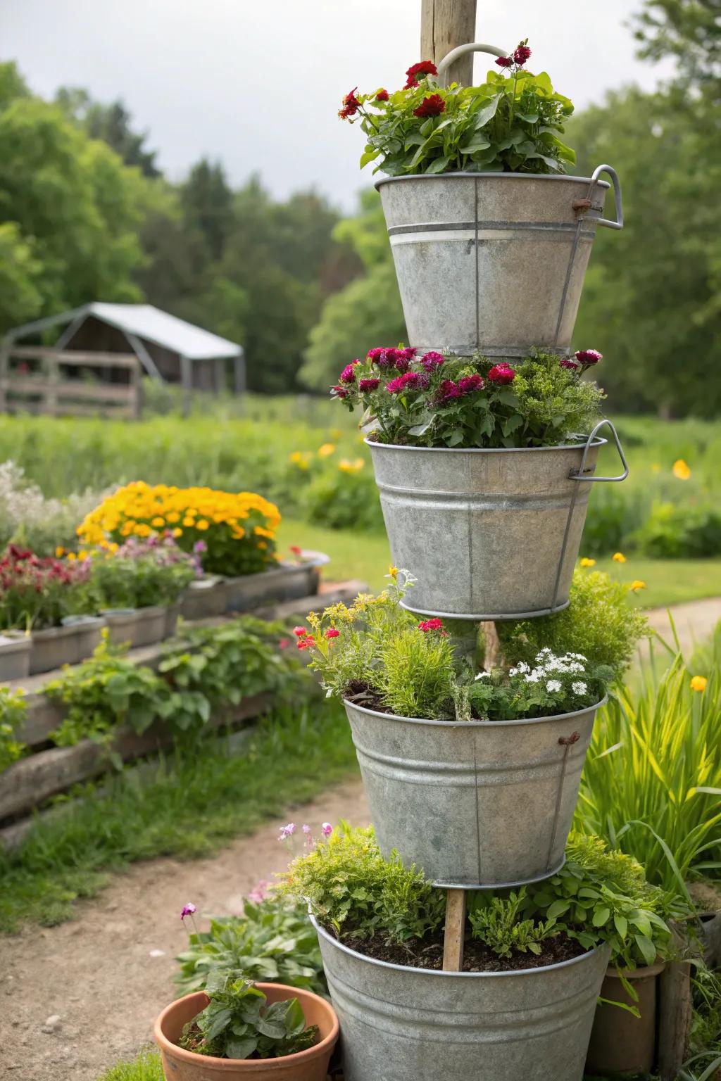 Multi-tiered bucket platforms displaying a variety of plants.