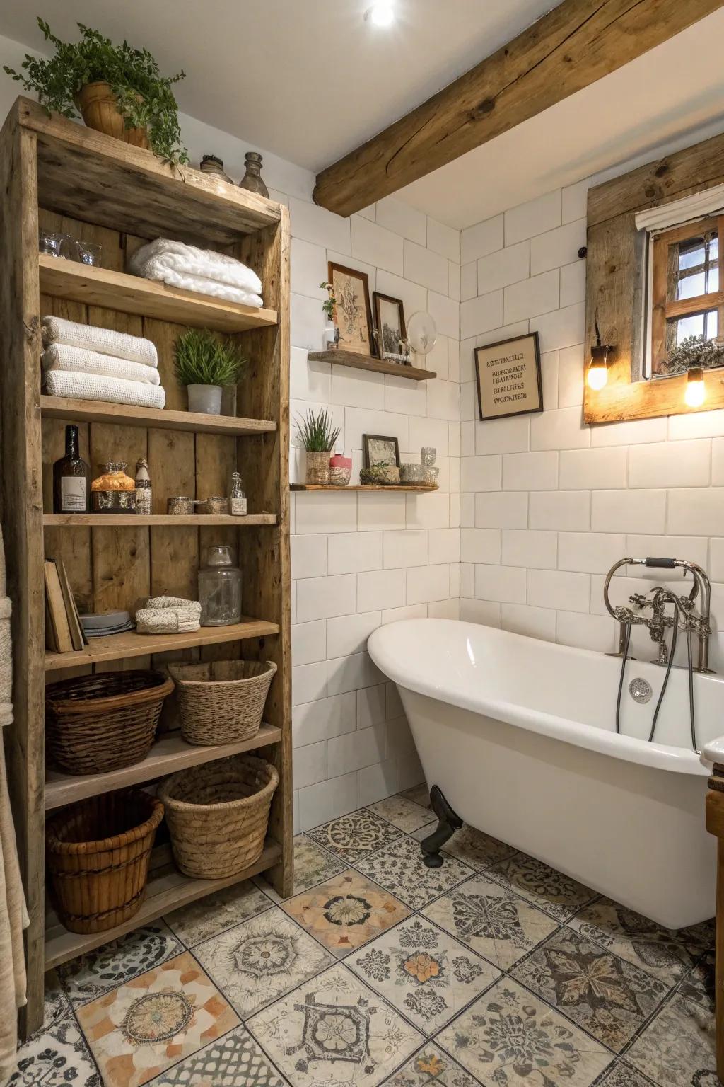 Repurposed materials add unique character to this small bathroom.