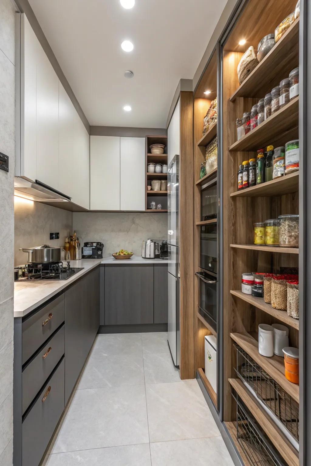 Vertical storage solutions enhance area in this kitchen.